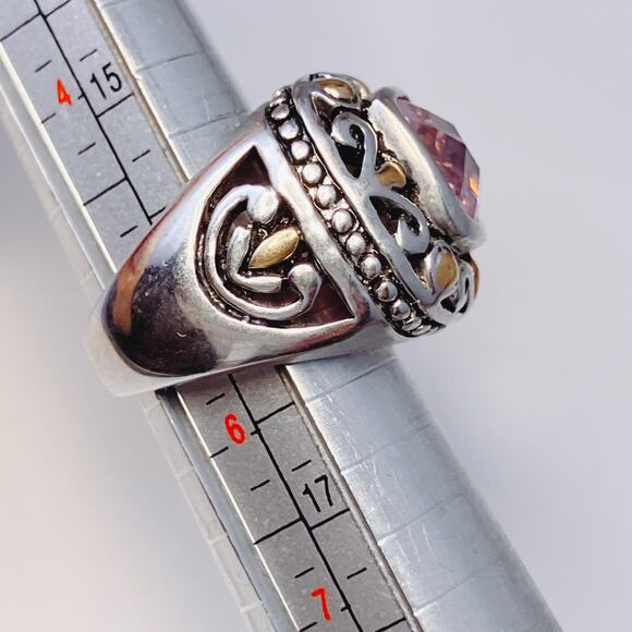 Baroque Revival Pink CZ Ring Size 5.5 Ornate Chunky Wide Band Cubic Zirconia - Picture 3 of 9